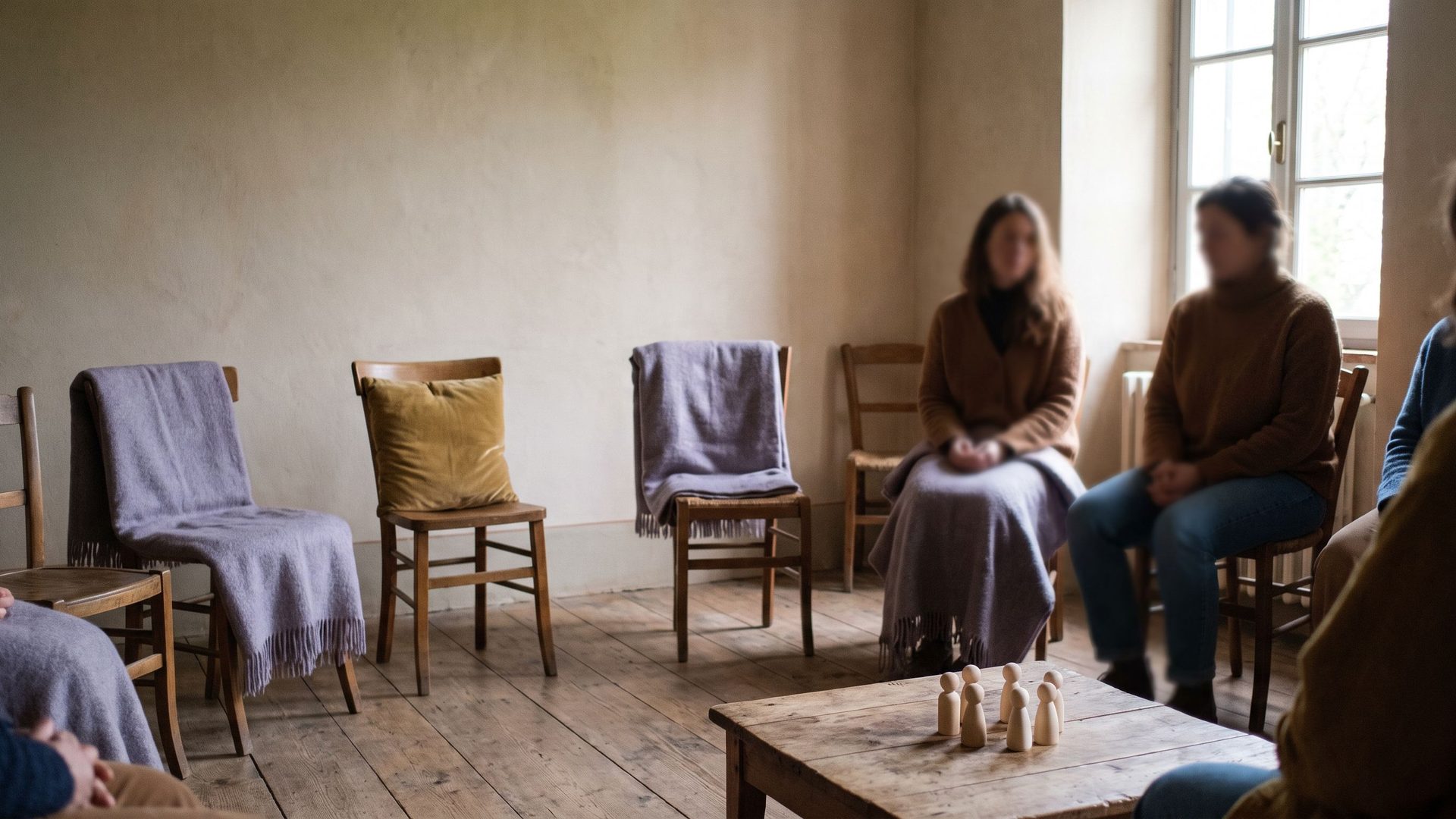 Cerchio di sedie e figure in legno in una stanza per costellazioni familiari di gruppo
